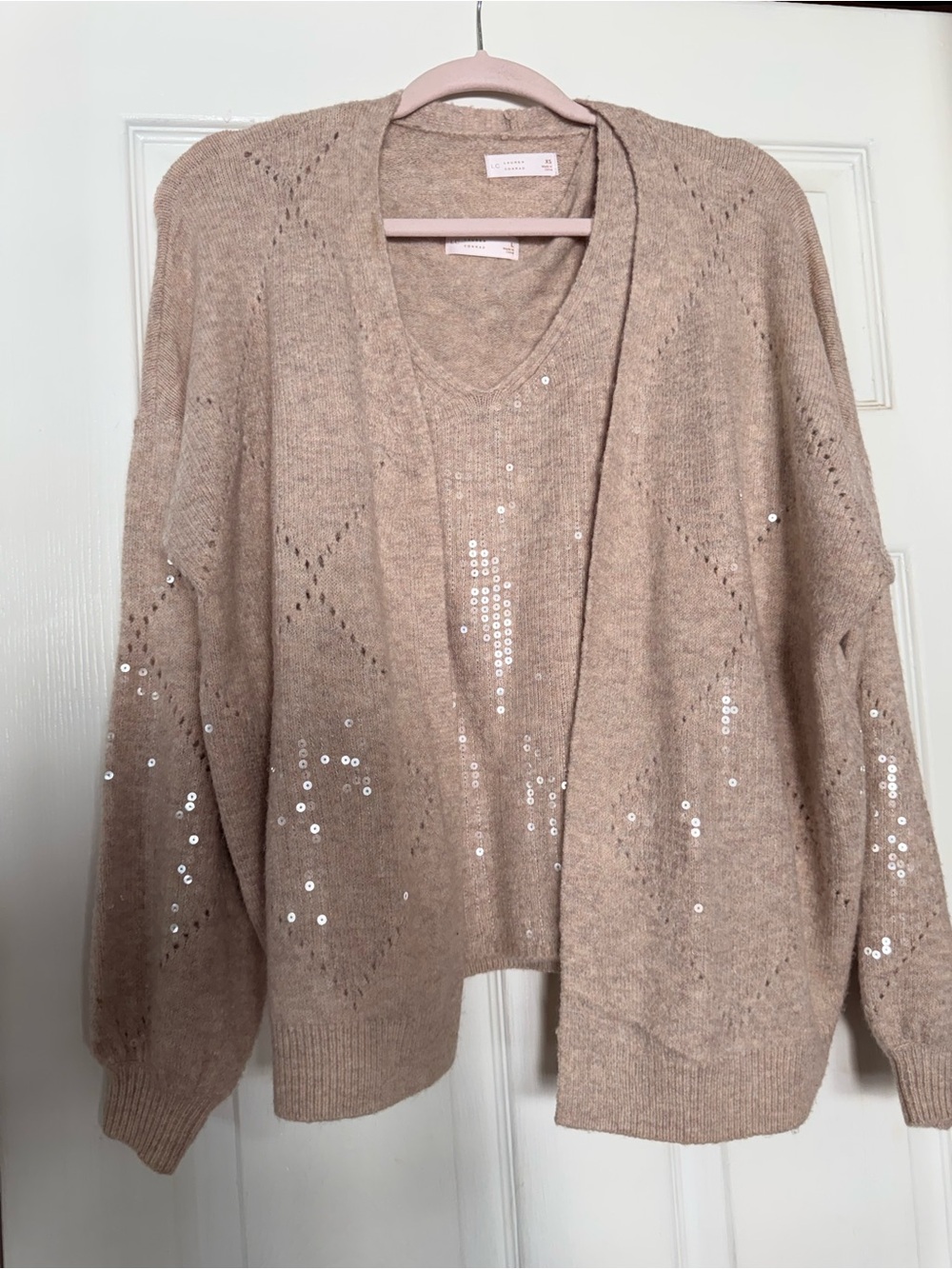 LC Lauren Conrad Cream Sequin Open-Front Cardigan Sweater